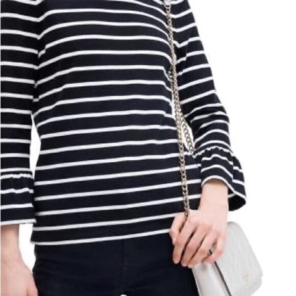 Kate Spade Broome Street Black & White Stripe Cotton Top 3/4 Sleeve with Ruffle. - Picture 2 of 8